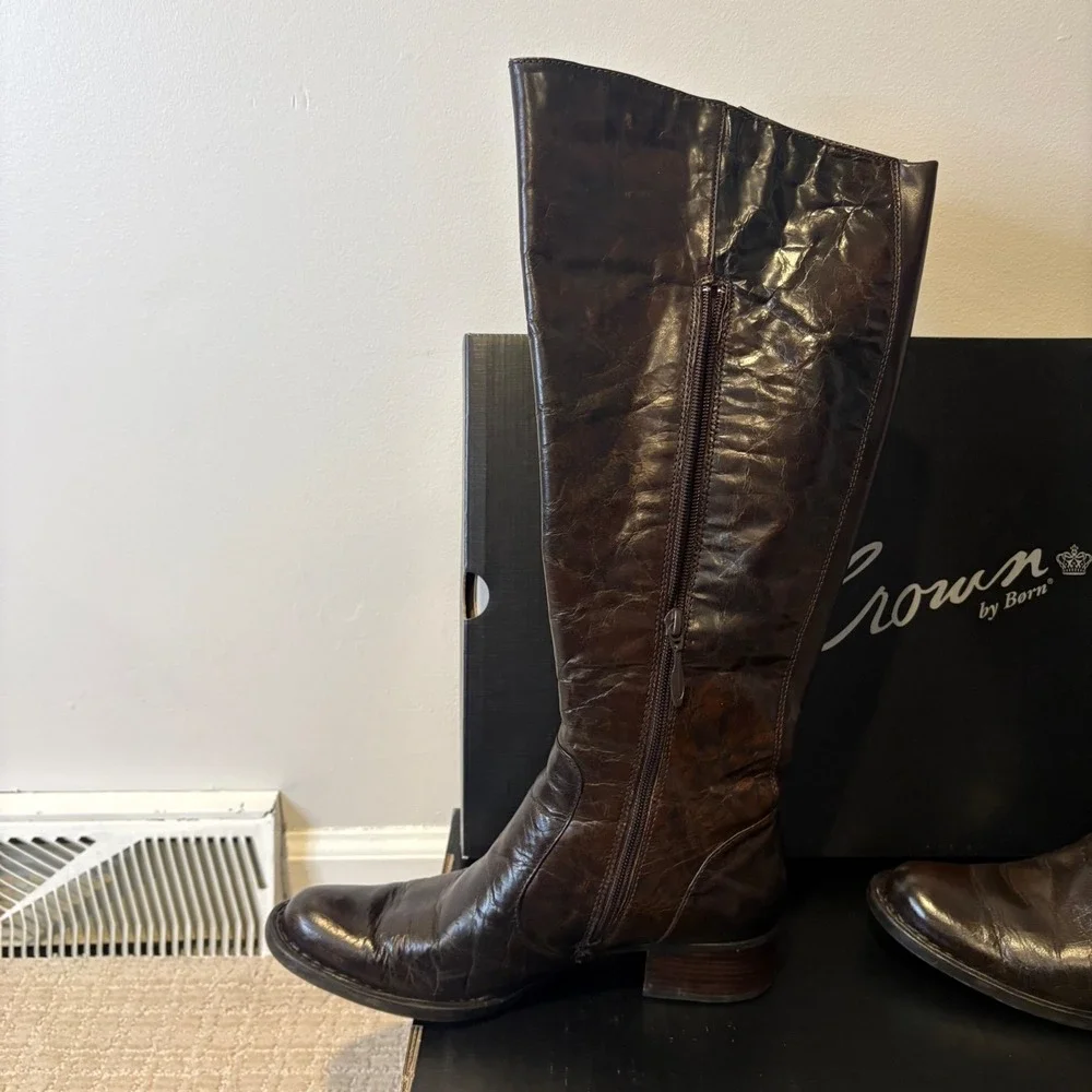 Crown by Born Roxie Tan Burnished Wide Calf Leather‎ Knee High Boots Size 7.5 M